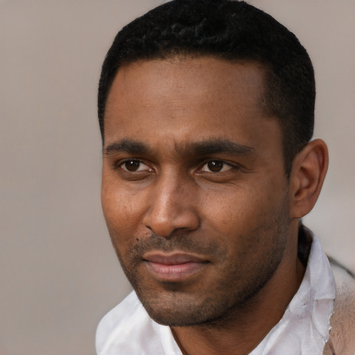 Neutral black young-adult male with short  black hair and brown eyes