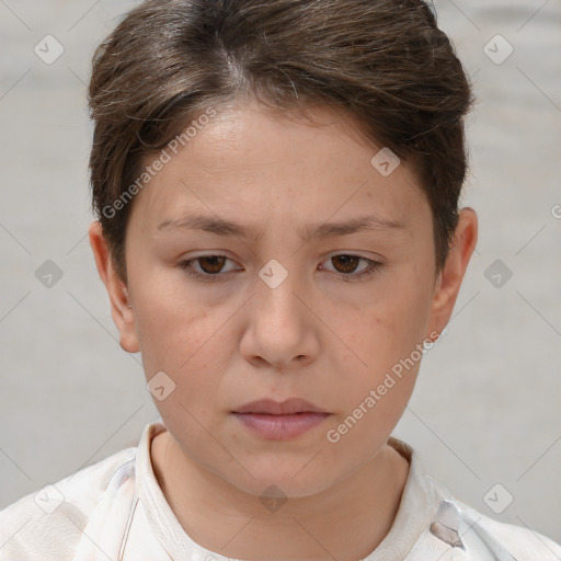 Neutral white young-adult female with short  brown hair and brown eyes