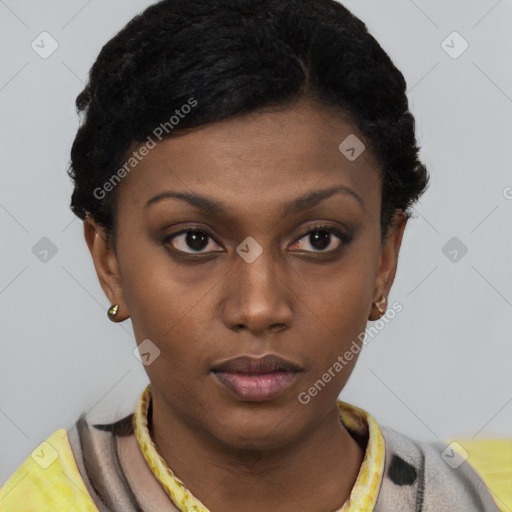 Neutral black young-adult female with short  black hair and brown eyes