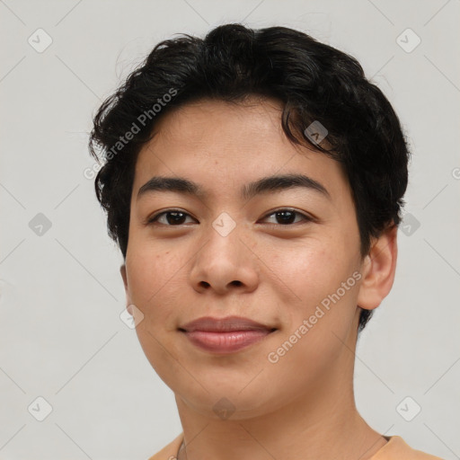 Joyful asian young-adult female with short  brown hair and brown eyes