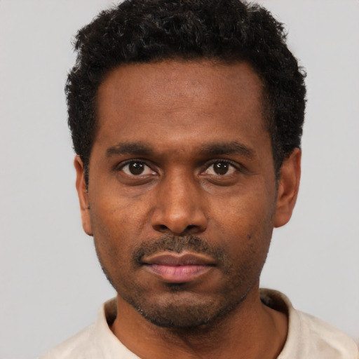 Neutral black young-adult male with short  black hair and brown eyes