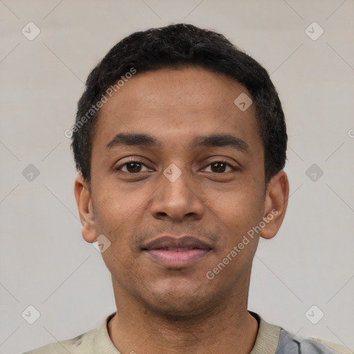 Neutral latino young-adult male with short  black hair and brown eyes