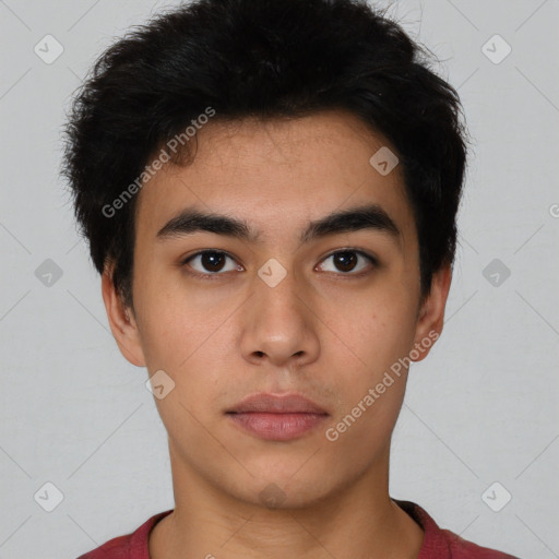 Neutral asian young-adult male with short  black hair and brown eyes