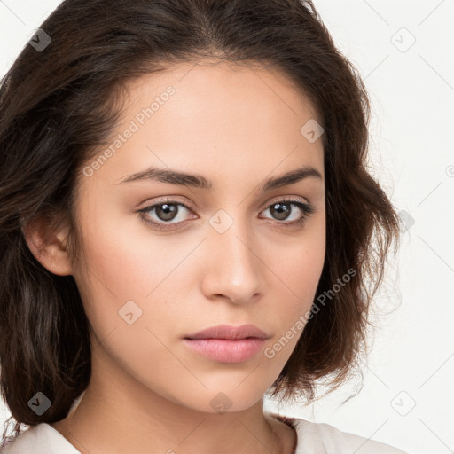 Neutral white young-adult female with medium  brown hair and brown eyes