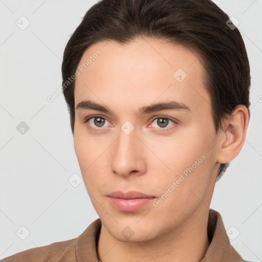 Neutral white young-adult male with short  brown hair and brown eyes