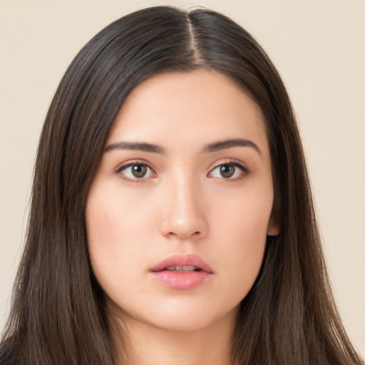 Neutral asian young-adult female with long  brown hair and brown eyes