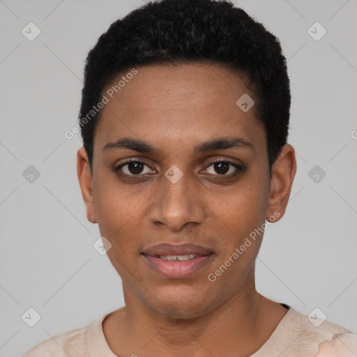 Joyful latino young-adult female with short  black hair and brown eyes