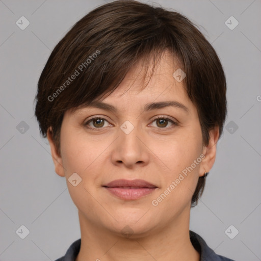 Joyful white young-adult female with short  brown hair and brown eyes