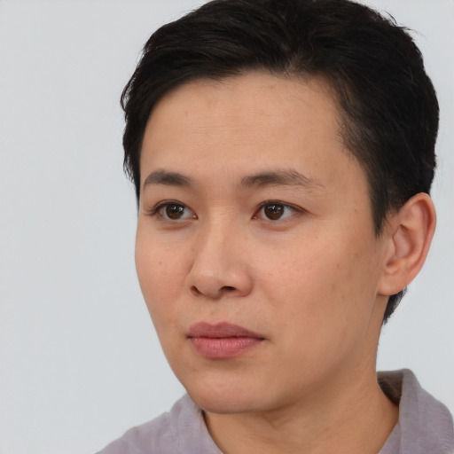 Neutral asian young-adult female with short  brown hair and brown eyes