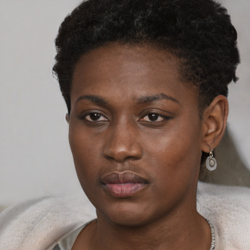 Neutral black young-adult female with short  brown hair and brown eyes