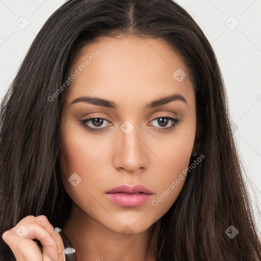 Neutral white young-adult female with long  brown hair and brown eyes