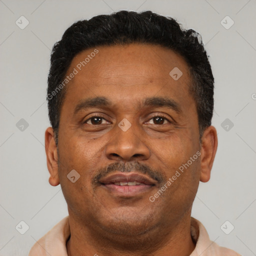 Neutral latino adult male with short  brown hair and brown eyes