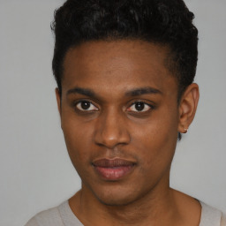 Neutral black young-adult male with short  black hair and brown eyes