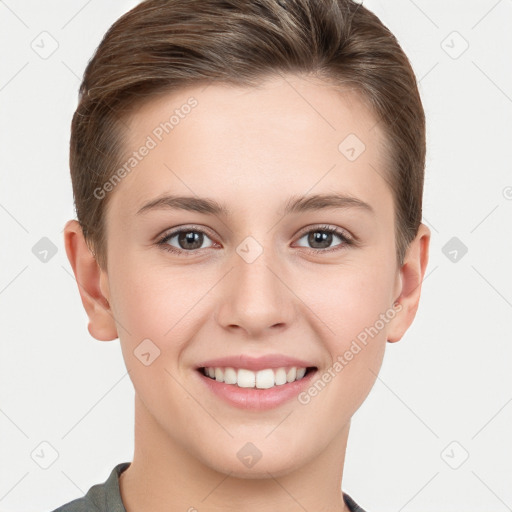 Joyful white young-adult female with short  brown hair and grey eyes