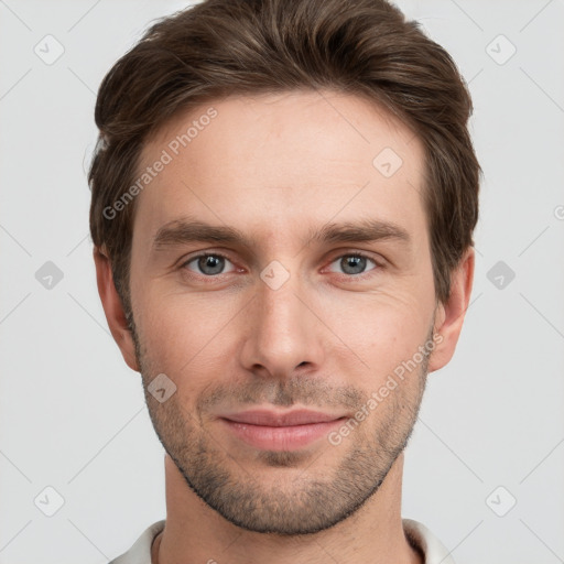 Neutral white young-adult male with short  brown hair and grey eyes