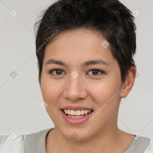 Joyful white young-adult female with short  brown hair and brown eyes