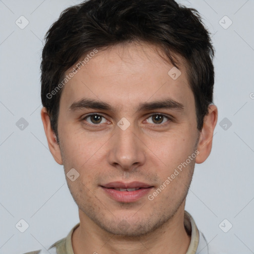 Neutral white young-adult male with short  brown hair and brown eyes