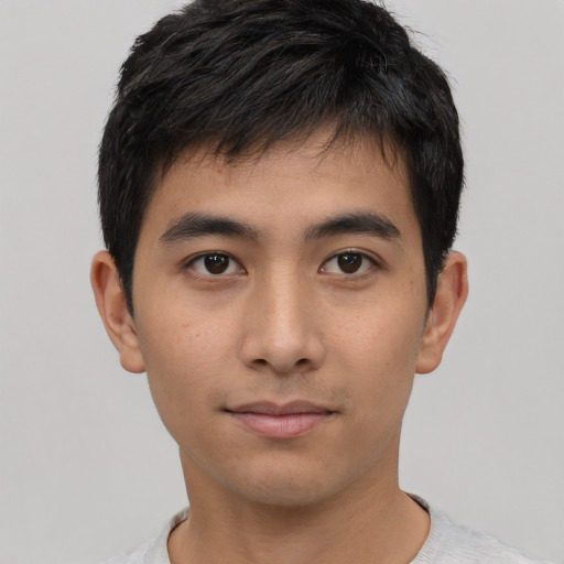 Neutral asian young-adult male with short  black hair and brown eyes