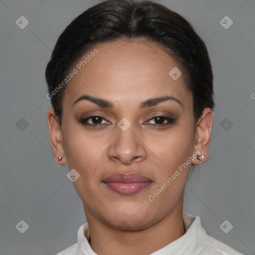 Joyful latino young-adult female with short  brown hair and brown eyes