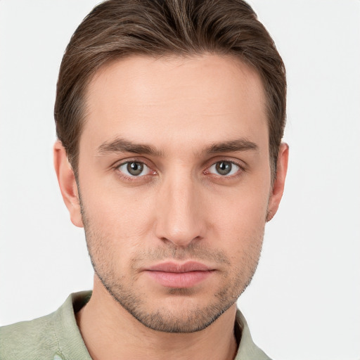 Neutral white young-adult male with short  brown hair and grey eyes