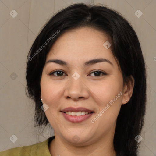 Joyful latino young-adult female with medium  brown hair and brown eyes