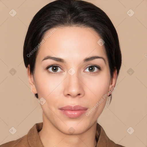 Neutral white young-adult female with short  brown hair and brown eyes