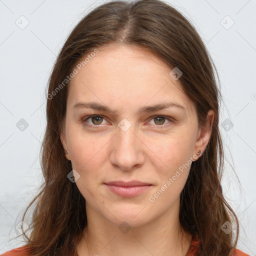 Joyful white young-adult female with long  brown hair and grey eyes