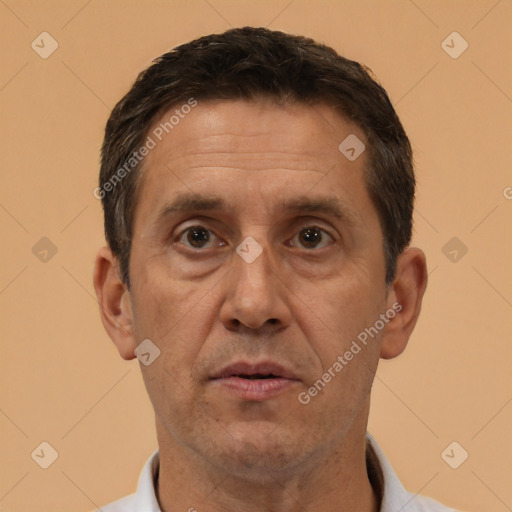 Neutral white adult male with short  brown hair and brown eyes