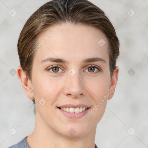 Joyful white young-adult female with short  brown hair and grey eyes