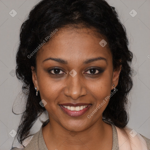 Joyful black young-adult female with medium  brown hair and brown eyes