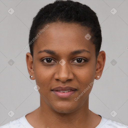 Joyful black young-adult female with short  brown hair and brown eyes