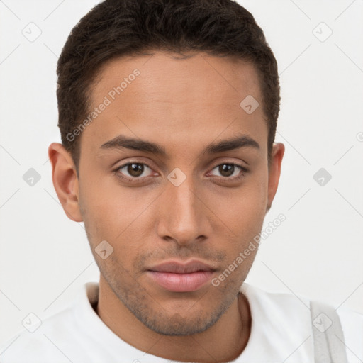 Neutral white young-adult male with short  brown hair and brown eyes