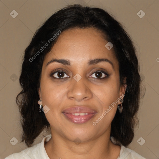 Joyful black adult female with medium  brown hair and brown eyes