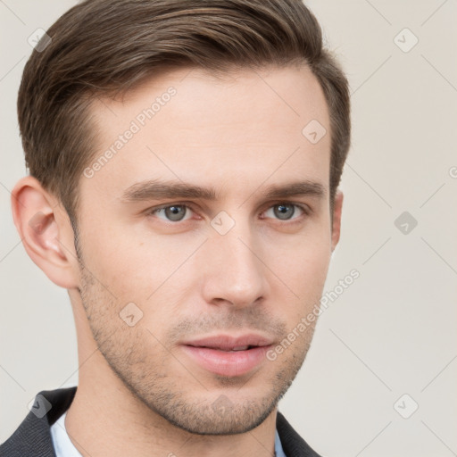 Neutral white young-adult male with short  brown hair and grey eyes