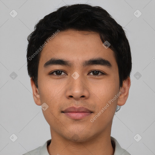 Neutral asian young-adult male with short  black hair and brown eyes
