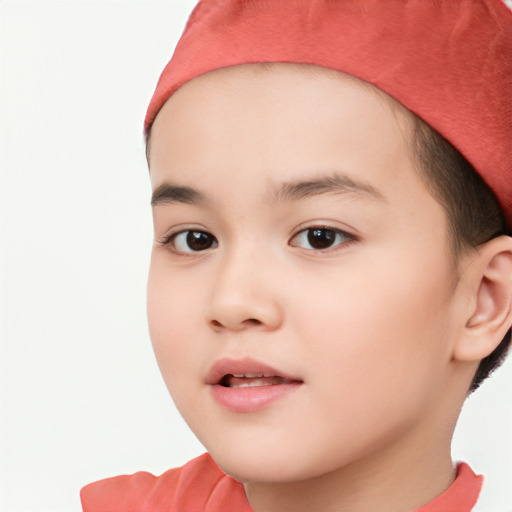 Joyful white child female with short  brown hair and brown eyes