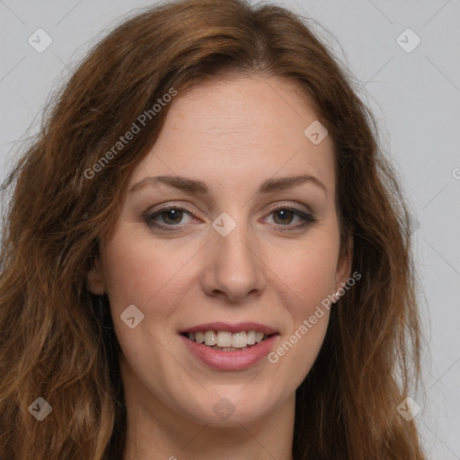 Joyful white young-adult female with long  brown hair and green eyes