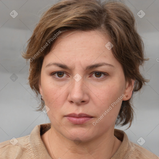 Neutral white young-adult female with medium  brown hair and brown eyes