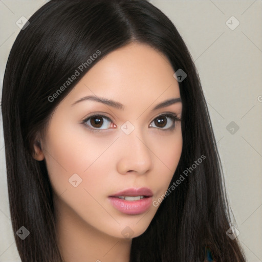 Neutral white young-adult female with long  brown hair and brown eyes