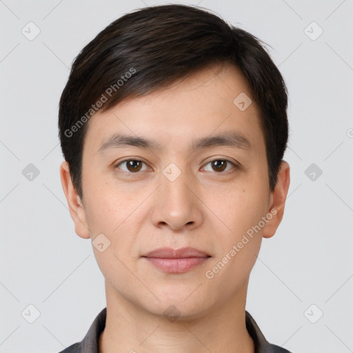 Joyful white young-adult male with short  brown hair and brown eyes