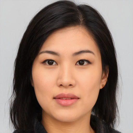 Neutral asian young-adult female with long  brown hair and brown eyes