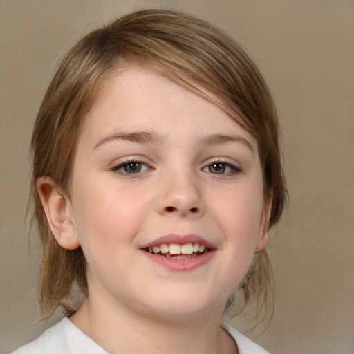 Joyful white child female with medium  brown hair and brown eyes