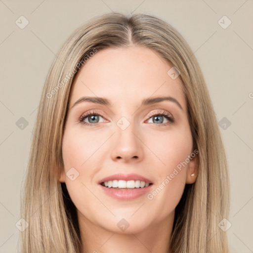 Joyful white young-adult female with long  brown hair and grey eyes