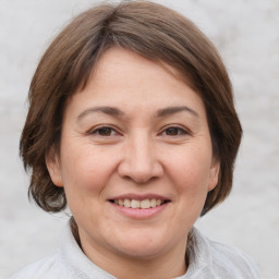 Joyful white adult female with medium  brown hair and grey eyes