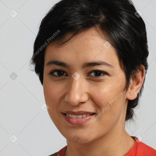 Joyful white young-adult female with medium  brown hair and brown eyes