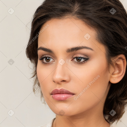 Neutral white young-adult female with medium  brown hair and brown eyes