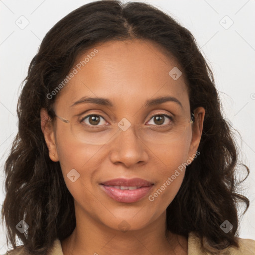 Joyful white adult female with long  brown hair and brown eyes