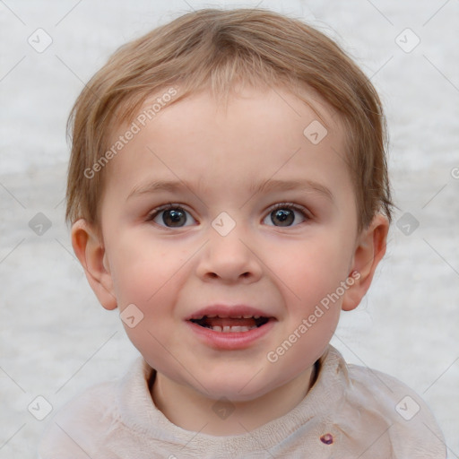 Joyful white child female with short  brown hair and blue eyes