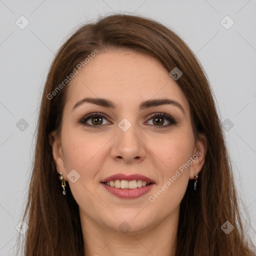 Joyful white young-adult female with long  brown hair and brown eyes