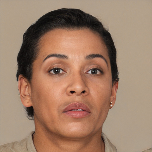 Neutral asian adult female with short  brown hair and brown eyes